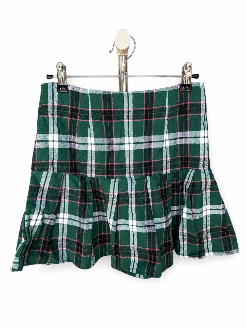 Green Plaid Ruffle-Hem Skater Skirt